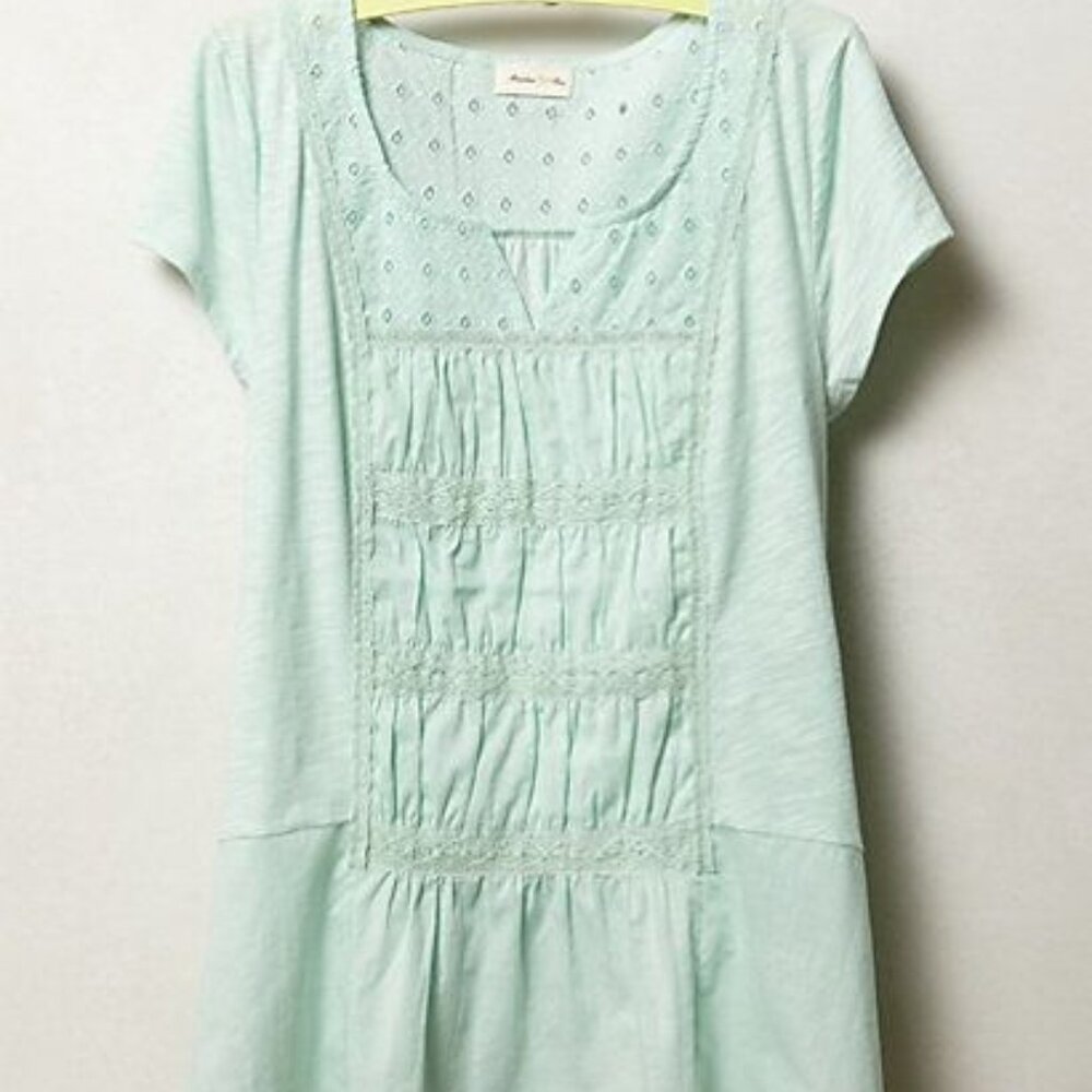 ANTHRO Cuyama Tee Top Lace Pleated Accents Turquoise Pastel Cotton NWT